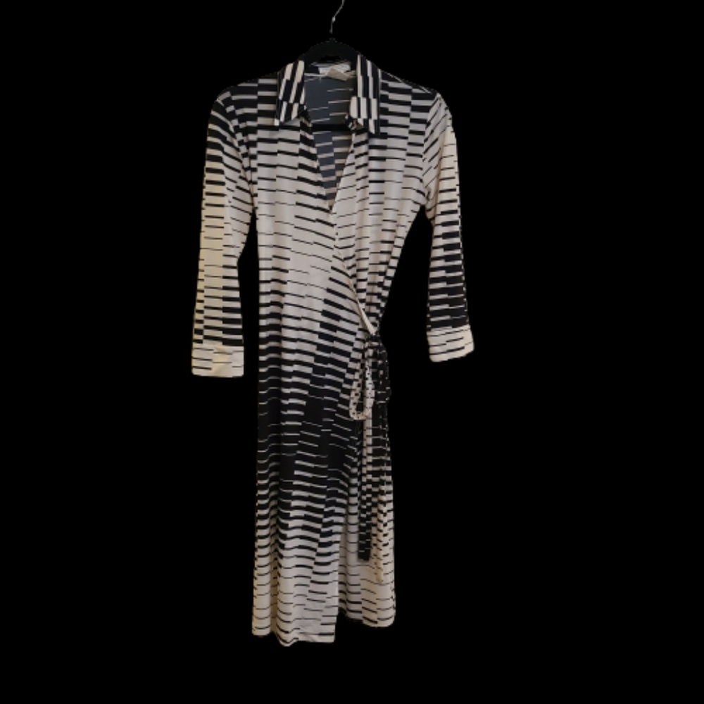 Vertigo Graphic Striped Black and White Midi Collared Wrap Dress